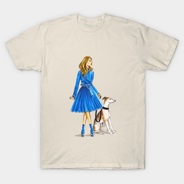 Lady in Blue and Her Dog T-Shirt by Ji Illustrator